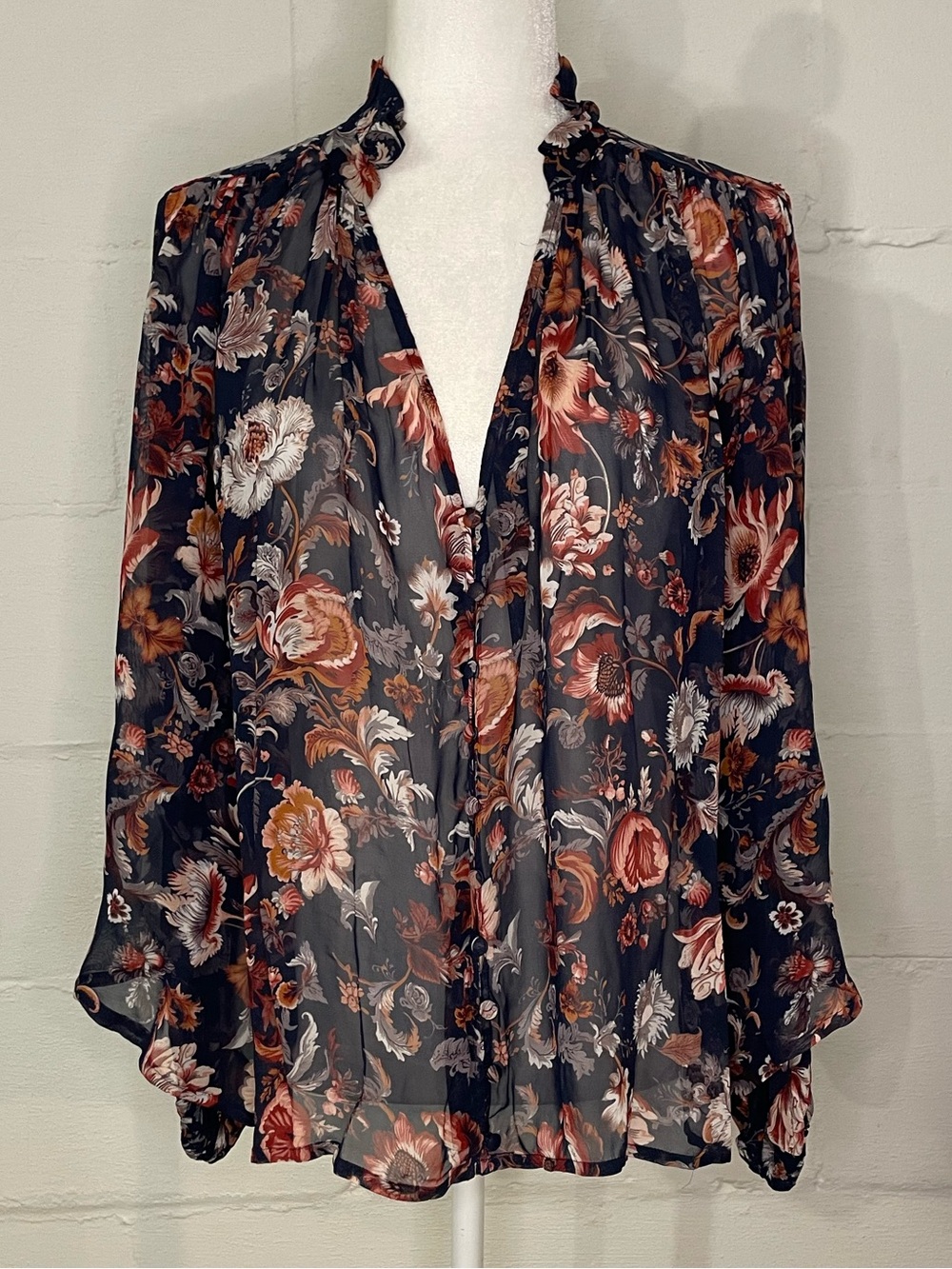 Anthropologie Blue Sheer Floral Button-Front Blouse with Rust and Cream Flowers
